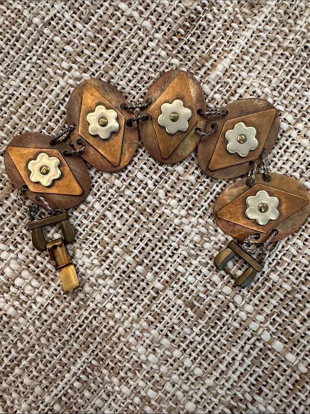 Vintage Floral Inlay Copper Bracelet - Brown and Gold
